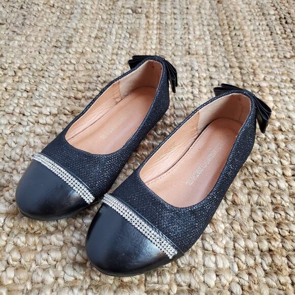 Versace Girls Shoes 2 Black Ballerina Imperio Rhinestones Flat Slip On Bow